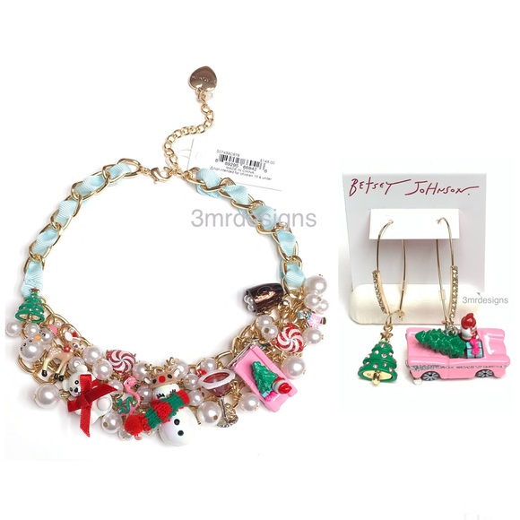 NWT Betsey Johnson 💋SANTA TRUCK Gold Tone Crystal Drop Earrings & Necklace Set - Picture 3 of 13